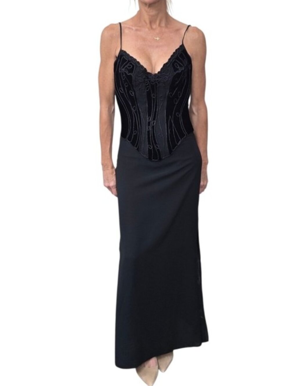 Y2K La Perla Corset Maxi Dress Black Beaded Bustier Silk Italy US 4